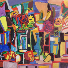 Juan-luis Quintana: 'porron y rosas', 2019 Acrylic Painting, Still Life. Artist Description: Original Art Work Juan Luis Quintana. Portfolio Still Life.  The subject matter related to cubism. Quintana lives part of the year in Barcelon Spain and in Buffalo, NY.  He has regular exhibirs every year. ...