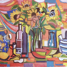 Juan-luis Quintana: 'sunflower and watermelon', 2021 Acrylic Painting, Still Life. Artist Description: Original Art Work Juan Luis Quintana. Portfolio Still Life.  The subject matter related to cubism. Quintana lives part of the year in Barcelon Spain and in Buffalo, NY.  He has regular exhibirs every year. ...