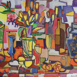 Juan-luis Quintana: 'tulips and vases', 2022 Acrylic Painting, Still Life. Artist Description: Original Art Work Juan Luis Quintana. Portfolio Still Life.  The subject matter related to cubism. Quintana lives part of the year in Barcelon Spain and in Buffalo, NY.  He has regular exhibirs every year. ...