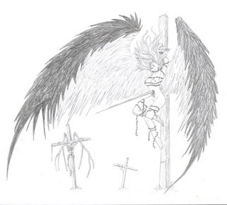 Samuel Grounds: 'Degeneration of an Angel', 2007 Pencil Drawing, Fantasy.  The image is of an Angel who hasn't been particularly fortunate and has been taken and placed upon a cross. Other crosses and the remains of another angel can be seen in the background. ...