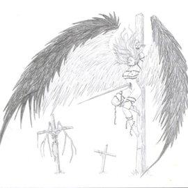 Samuel Grounds: 'Degeneration of an Angel', 2007 Pencil Drawing, Fantasy. Artist Description:  The image is of an Angel who hasn't been particularly fortunate and has been taken and placed upon a cross. Other crosses and the remains of another angel can be seen in the background. ...