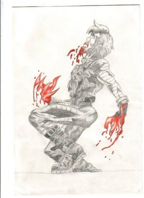 Samuel Grounds: 'Wereman', 2007 Pencil Drawing, Fantasy.  Mutation of man. The result of a man changing and the outcome of the violence andtrouble he has cause. Coloured red blood on hands and mouth of added horror effet. ...