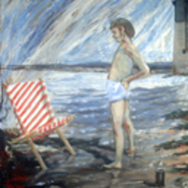 Roger Farr: 'Deckchair Puzzle ', 2002 Acrylic Painting, Children. Artist Description: A young boy is relieved after a frustrating few minutes constructing his deckchair the right way round.  ...
