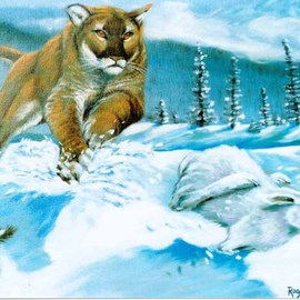 Roger Farr: 'Mountain Pursuit', 2001 Oil Painting, Animals. Artist Description: Mountain Lion and Snowshoe Hare, Produced while my sister visited me from Canada. My knowledge of North American species developed from my family who live there. Prints available at $80. 00 each 12x16. ...