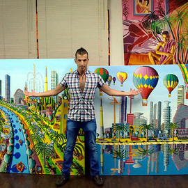 Raphael Perez: 'folk painters tel aviv beach city urban skyline ', 2016 Acrylic Painting, People. Artist Description: Tel Aviv is a city that never sleeps.  It is full of energy, culture, history, and diversity.  But there is another way to see the city, through the naive paintings of Raphael Perez.  He is an Israeli artist who paints Tel Aviv with bright colors, simple shapes, and ...