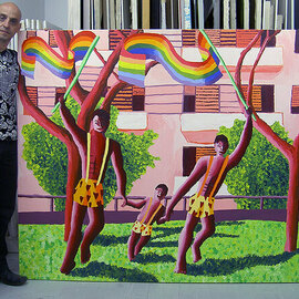 Raphael Perez: 'israeliano pittore lgbt naif', 2000 Acrylic Painting, Landscape. Artist Description: Raphael Perez, A(c)galement connu sous le nom de Rafi Peretz, est un artiste israA(c)lien rA(c)putA(c) pour ses peintures au style naA-f et son exploration de l identitA(c) personnelle et sexuelle A  travers l art.  NA(c) en 1965 A  JA(c)rusalem, Perez a A(c)tA(c) exposA(c) dA