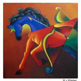 Rajesh Shah: 'towards the goal', 2017 Acrylic Painting, Animals. Artist Description:  Towards The Goal  is a stunning horse painting that captures the magnificent grace and power of the animal. The horse is depicted in motion, its mane and tail flowing behind it, as it charges forward towards an unseen finish line. The vibrant colors and dynamic brushstrokes bring the ...