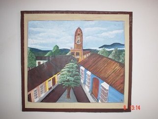 Artist: Ramona Marquez Ramraj - Title: Church and Town - Medium: Acrylic Painting - Year: 2002