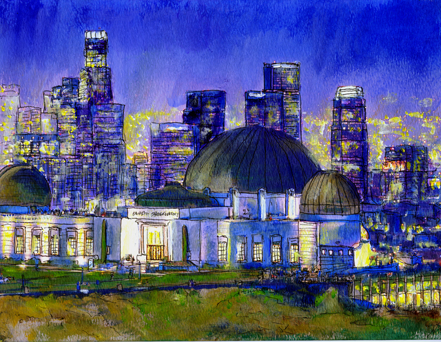 Randy Sprout  'Griffith Park Observatory With LA Nocturne', created in 2014, Original Drawing Pastel.