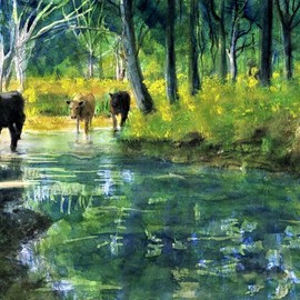 Randy Sprout: 'Streaming Cows', 2018 Oil Painting, Country. Artist Description: Cows crossing the creek...