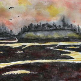 Randy Sprout: 'back bay after sunset', 2019 Other Painting, Seascape. Artist Description: Sumi Ink with Water Colors...