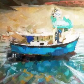 Ray Burnell: 'porthgain lobster boat', 2019 Oil Painting, Seascape. Artist Description: Wales Pembrokeshire Porthgain fishing boat lobster seascape oil on mdf board 30x30 cm...