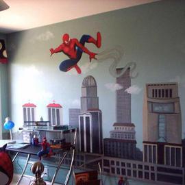 Rebecca L. Baldwin: 'Spidy over Louisville Ky', 2005 Acrylic Painting, Children. Artist Description: Large Mural painted on wall for Homerama Home Show 2005 in Louisville, Ky. Spiderman shooting his web over the city of Louisville ! ...