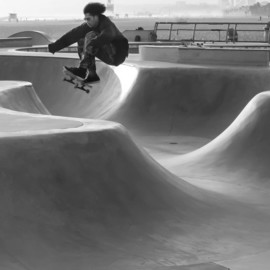 Dick Drechsler: 'airborne', 2018 Black and White Photograph, Americana. Artist Description: Taken at the skateboard park in Venice, CA I caught this skater at the apex of his run. ...