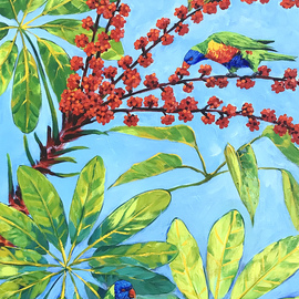 Irina Redine: 'australian nature', 2022 Oil Painting, Nature. Artist Description: Rainbow lorikeets on a blossoming gum tree aEUR