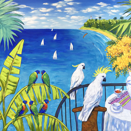 Irina Redine: 'australian seascape', 2022 Acrylic Painting, Seascape. Artist Description: Australian Seascape with cockatoos and rainbow lorikeets aEUR