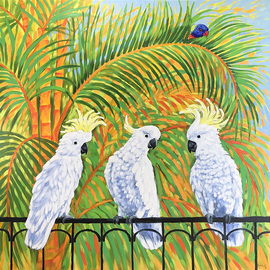 Irina Redine: 'cockatoos and rainbow lorikeet', 2021 Oil Painting, Nature. Artist Description: aEUR~How rumours spreadaEURtm aEUR