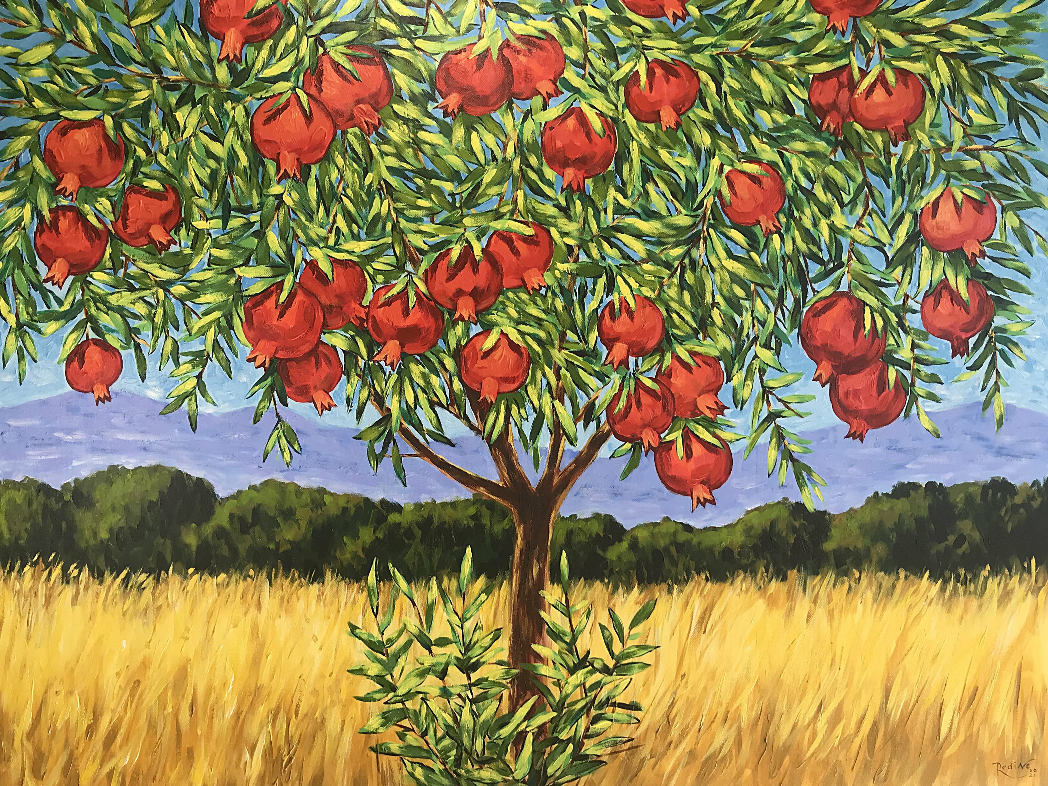 Irina Redine: 'pomegranate tree', 2022 Oil Painting, Trees. Pomegranate tree aEUR