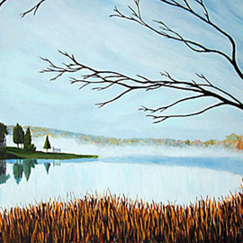 Renee Rutana: 'Mystify', 2001 Acrylic Painting, Landscape. Artist Description:  This painting was of a scene I saw at Crystal Lake in Somers, Connecticut. It was an early morning in October and the mist was still resting upon the lake. It felt like a magical morning. * Canvas has stapled sides. ...