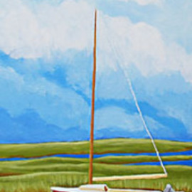 Renee Rutana: 'Reflecting on Summer', 2008 Acrylic Painting, Seascape. Artist Description: Medium: Liquitex Acrylic PaintsThis is another painting from my Cape Cod series. We were driving around and found this boat moored in Barnstable. The main colors are tones of Green, Cream, Rust, White and Blues. It has been painted in a Contemporary Realism style with lively, bright ...