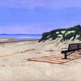 Renee Rutana: 'Twilight', 2004 Acrylic Painting, Seascape. Artist Description: This is a scene from Cape Cod. The sun was setting and there was a very peaceful mist starting to settle. The bench felt like the perfect place to enjoy the ocean, its salty air and the waves brushing up to the shore....