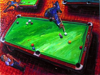 Arthur Robins: 'KEEPIN SCORE', 1998 Oil Painting, Urban. EXPRESSIONISM, ABSTRACT, POOL, POOL TABLE, BILLIARDS, POOL CUE, COLORFUL, RICH COLORS, JOYFUL, FIGURATIVE, SURREAL, CITYSCAPE, CARS, BUILDINGS, STREET, NEW YORK CITY, NEW YORK ART, TIMES SQUARE. ...