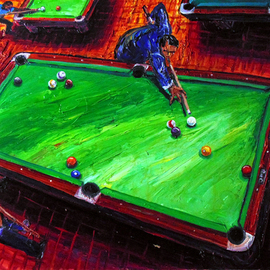 Arthur Robins: 'KEEPIN SCORE', 1998 Oil Painting, Urban. Artist Description: EXPRESSIONISM, ABSTRACT, POOL, POOL TABLE, BILLIARDS, POOL CUE, COLORFUL, RICH COLORS, JOYFUL, FIGURATIVE, SURREAL, CITYSCAPE, CARS, BUILDINGS, STREET, NEW YORK CITY, NEW YORK ART, TIMES SQUARE. ...