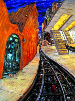 Arthur Robins: 'SUBWAY TUNNEL DREAM', 2000 Oil Painting, Cityscape.  SUBWAY,     CITYSCAPE, NEW YORK CITY, NEW YORK ART, TRIBECA, SOHO, TIMES SQUARE, BUILDINGS, CARS, STREET, STREET ART,    EXPRESSIONISM, ABSTRACT, LANDSCAPE, COLORFUL, RICH COLORS, JOYFUL,  FIGURATIVE, SURREAL, HAPPY, LOVE, TRUTH , FLOWERS, LANDSCAPE, DREAM, TRAIN, TRAIN TRACKS   ...
