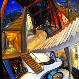 Arthur Robins: 'THE 9 PATHS OF LIFE', 1996 Oil Painting, Cityscape. Artist Description:   SUBWAY,     CITYSCAPE, NEW YORK CITY, NEW YORK ART, TRIBECA, SOHO, TIMES SQUARE, BUILDINGS, CARS, STREET, STREET ART,    EXPRESSIONISM, ABSTRACT, LANDSCAPE, COLORFUL, RICH COLORS, JOYFUL,  FIGURATIVE, SURREAL, HAPPY, LOVE, TRUTH , FLOWERS, LANDSCAPE, DREAM, TRAIN, TRAIN TRACKS    ...