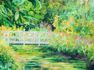 Richard Freer: 'footbridge', 2022 Oil Painting, Expressionism. Scene from a water garden in Dorset. ...
