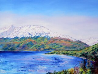 Richard Freer: 'new zealand mountains', 2020 Oil Painting, Expressionism. A large lake with mountains in the distance ...