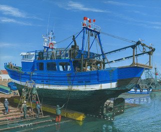 Richard Harpum: 'Fishing Boat Repairs, Essaouira, Morocco', 2014 Acrylic Painting, Marine.  Essaouira ( pronounced 'essa- weera' , or' es- Sweera' in Arabic) is Morocco's main fishing port located on the Atlantic coast.  In 2014 my wife and I visited Morocco, using Marrakech as our base. During our stay, we rented a car for 3 days and used it to visit the High...