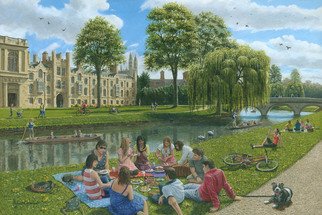 Richard Harpum: 'Fun on the River Cam, Cambridge', 2014 Acrylic Painting, Landscape.  This painting of Trinity College, Cambridge, England, was commissioned by Gibsons Games for a large 1000- piece jigsaw, which they will be publishing in 2014. It shows the River Cam running behind Trinity College, with a variety of people enjoying the nice weather. My favourite dog, Oscar, also makes another...