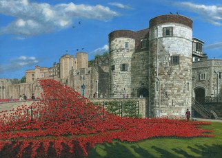 Richard Harpum: 'Tower of London Poppies Blood Swept Lands and Seas', 2016 Giclee, Landscape.  This painting of the Tower of London was a commission for an existing client and used photographic references supplied by her. It shows the massive art installation aEURoeBlood Swept Lands and Seas of RedaEUR, which was installed to mark one hundred years since the first full day of Britains involvement...