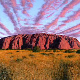 Richard Harpum: 'Uluru Sunset Ayers Rock, Central Australia', 2014 Acrylic Painting, Landscape. Artist Description:  My family and I visited Uluru ( Ayers Rock) in December 2000, as part of a wonderful vacation of Australia. It is one of the largest monoliths in the world. Made of arkosic sandstone, Uluru rises 1,142 ft ( 348 metres) above the desert floor and has a circumference ...
