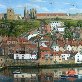 Richard Harpum: 'Whitby Harbour North Yorkshire', 2016 Acrylic Painting, Landscape. Artist Description:  This painting of Whitby Harbour in North Yorkshire, England, was a commission for Falcon Jigsaw Puzzles. The painting shows the ruins of Whitby Abbey on the top of the east cliff, along with the interesting St MaryaEURtms Church. These are reached by 101 steps at the rear ...