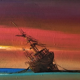 Rigel Sauri: 'aground boat 1', 2021 Acrylic Painting, Seascape. Artist Description: Original, ready to hang, art piece of an abandoned ship on an empty beach with a rich, dramatic colored sunset as background, executed on canvas with mixed media, mainly acrylic paint. Contemporary, casual style, lavender, violet, purple, magenta, pink, yellow, orange gold and copper, turquoise blue and green ...