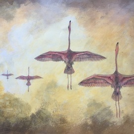 Rigel Sauri: 'flamingoes at flight', 2021 Acrylic Painting, Birds. Artist Description: Original, unique, fine art piece. Executed on artisan, handmade recycled, thick paper sheet with rough edges, mixed media, mainly acrylic paint. Large, rough texture,  gold and yellow tones in background, decorative painting, goes well in any room or type of decor but mainly in rustic, casual or contemporary ...