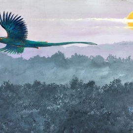 Rigel Sauri: 'quetzal flight', 2021 Acrylic Painting, Birds. Artist Description: Large size, original, unique, fine art piece. View of a caribbean tropical forest at sunset with a quetzal bird at flight. Quetzal birds are naturally found in the Yucatan peninsula and most of central america, it is the national bird of Guatemala, found in it s flag and ...