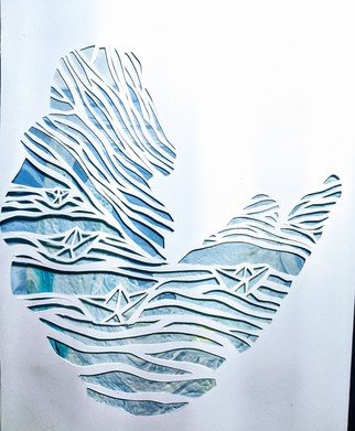 Riley Young: 'boats', 2022 Paper, Nature. Papercut overlay with paint poured acrylic background. ...