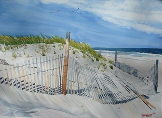 Heather Rippert: 'Summer Wind', 2008 Watercolor, Beach.  A kite blows in the warm summer wind, flowing in the bright summer sky behind the fallen dune fence ...