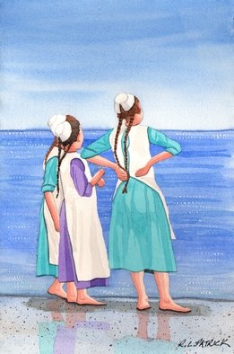 Artist: Ralph Patrick - Title: Amish Girls on Siesta Key Beach - Medium: Watercolor - Year: 2010