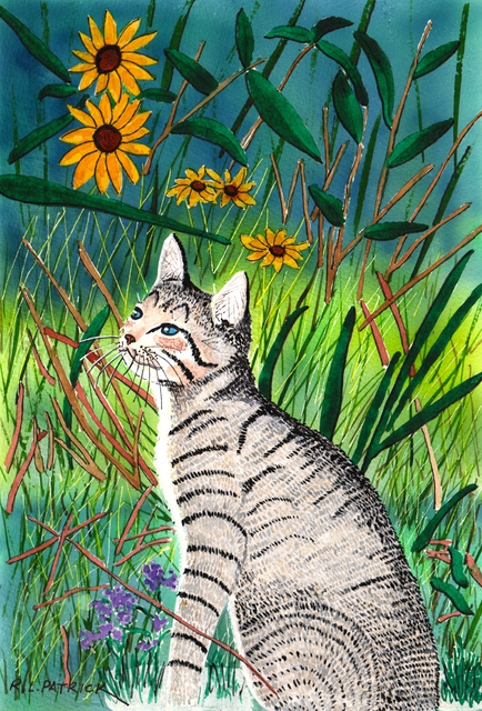 Artist Ralph Patrick. 'Kitten In Flower Garden' Artwork Image, Created in 2012, Original Watercolor. #art #artist
