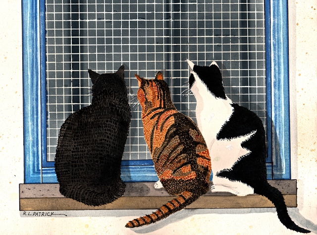 Artist Ralph Patrick. 'Three Cats Looking In The Window' Artwork Image, Created in 2014, Original Watercolor. #art #artist