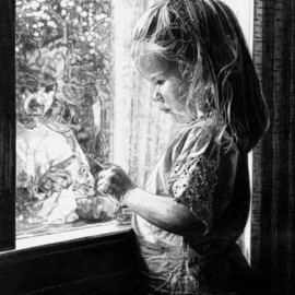 Robb Scott: 'Self Reflection', 2004 Pencil Drawing, Children. Artist Description:  My mother took the photo of this pencil drawing in 2004. She beautifully captured the reflection of my niece looking back her as she peers out the window. I often find myself wondering what it is she is so focused on. There is still a part of me ...