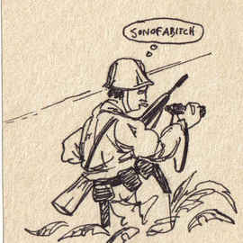 Robert Bledsaw: 'A Near Miss', 1979 Pen Drawing, Humor. Artist Description: A Korean War Soldier, possibly a Forward Observer nearly gets killed. ...