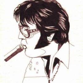 Robert Bledsaw: 'Elvis Presley at the Microphone', 1980 Pen Drawing, Music. Artist Description: Inked line drawing of Elvis Presley, on regular white paper....