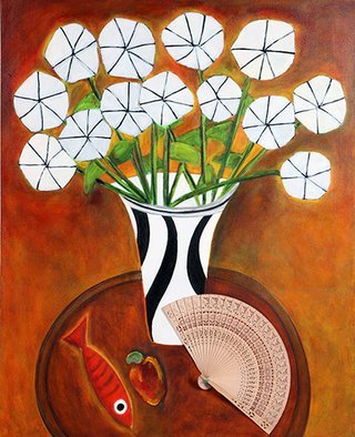 Artist: Roberto Rossi - Title: vase of flowers and fan - Medium: Mixed Media - Year: 2010
