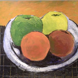 Roberto Trigas: 'Fruit bowl', 2016 Encaustic Painting, Still Life. Artist Description:  beautiful colourful fruits in a bowl on top of a black table ...