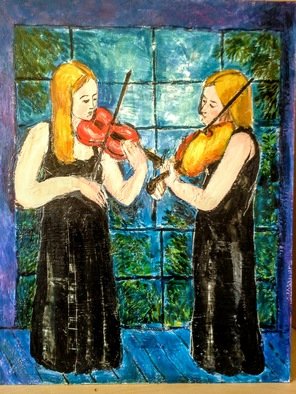 Roberto Trigas: 'nocturnal duet', 2016 Encaustic Painting, Music. Two violinists playing in fron of a window on a starry night...